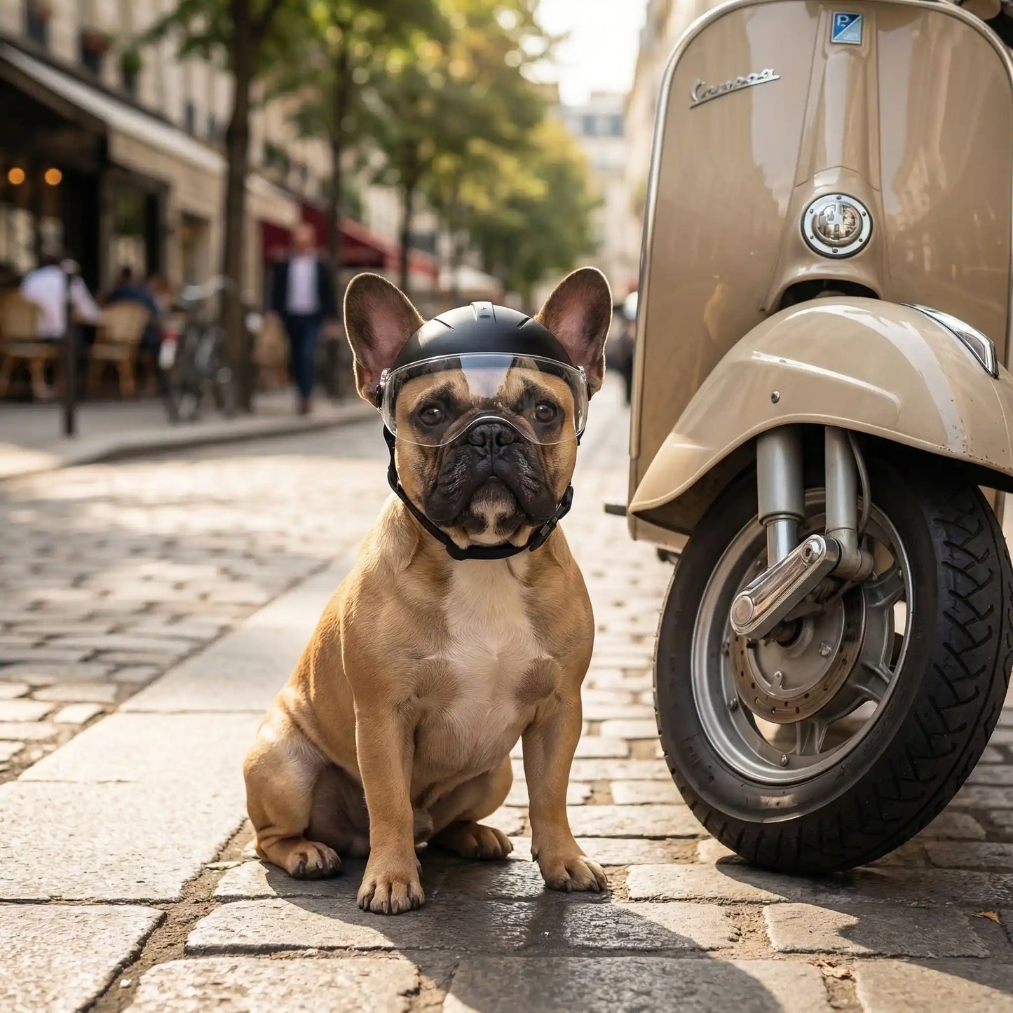 Chien Bouledogue Français avec casque moto chien assis sur des pavés devant un scooter.