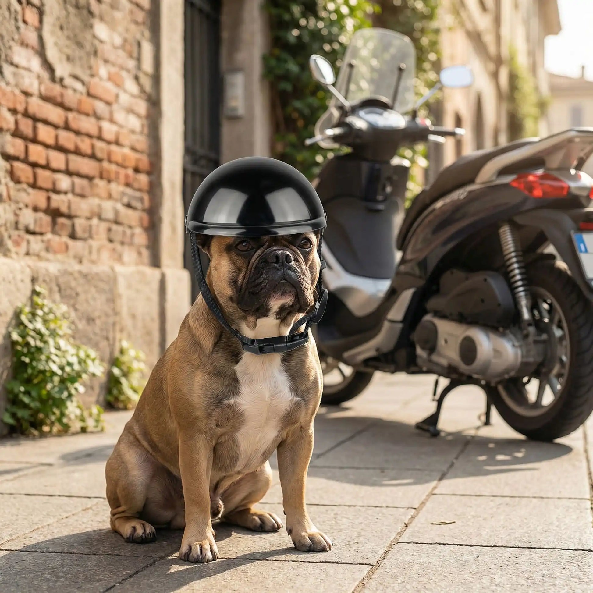 Un Bouledogue français assis sur un trottoir avec un casque moto chien noir devant un scooter.