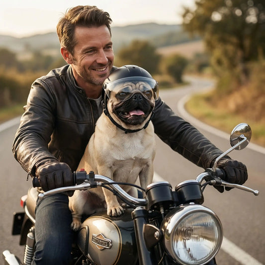 Homme souriant avec chien Carlin portant un casque moto chien sur une moto grise.