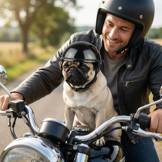 Un chien Carlin porte un casque moto chien noir brillant assis sur une moto avec un homme.