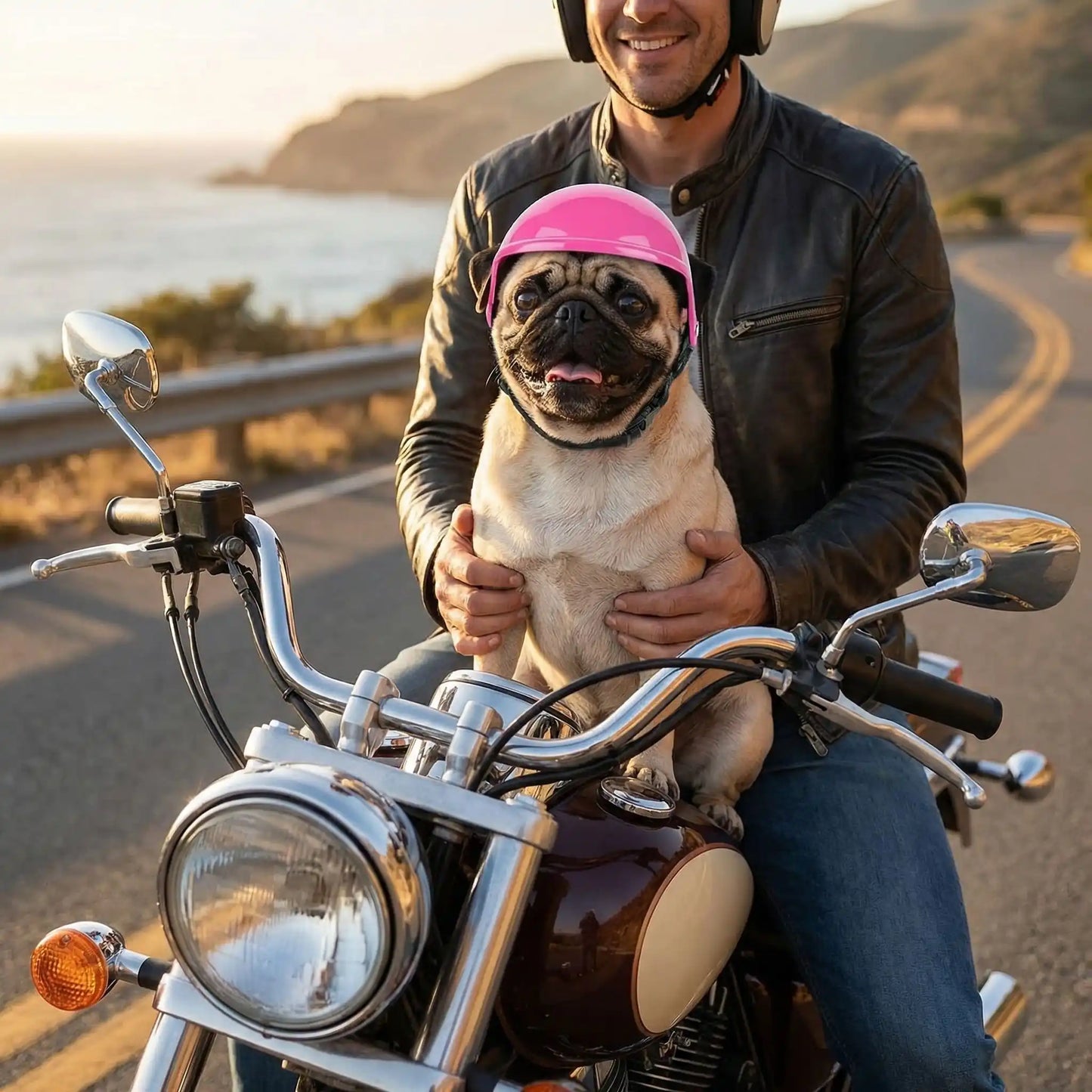 Chien Carlin portant un petit casque moto rose, assis sur le réservoir avec un motard.