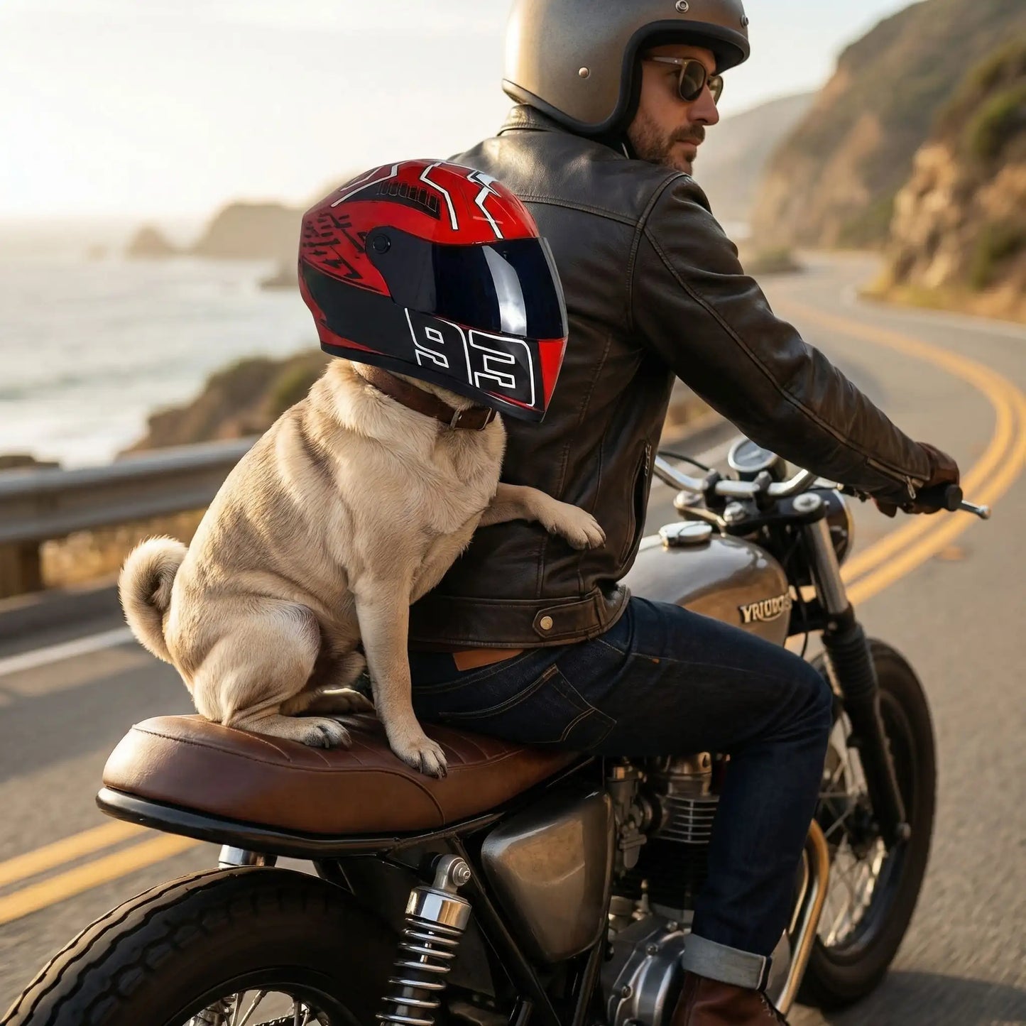 Un toure de moto avec le chien qui porte une casque moto chien rouge