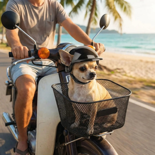 Chien Chihuahua avec un casque moto noir, dans le panier avant d'un scooter près de la plage.