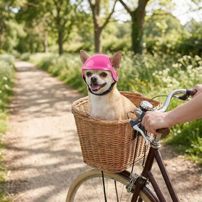 Petit chien Chihuahua avec un casque moto rose, installé dans le panier avant d'un vélo.
