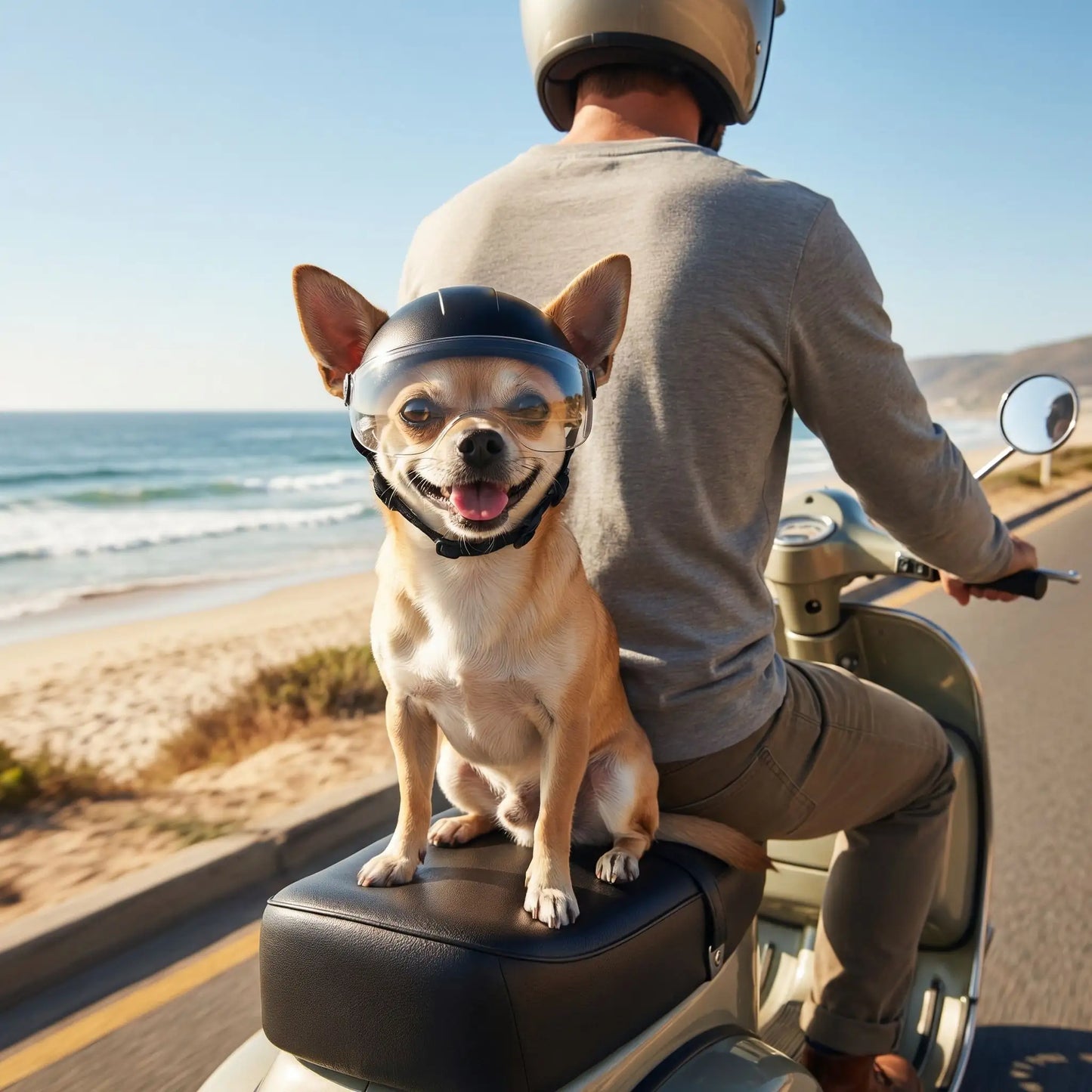 Chien Chihuahua avec casque moto chien sur un scooter, de dos, vue sur la plage.