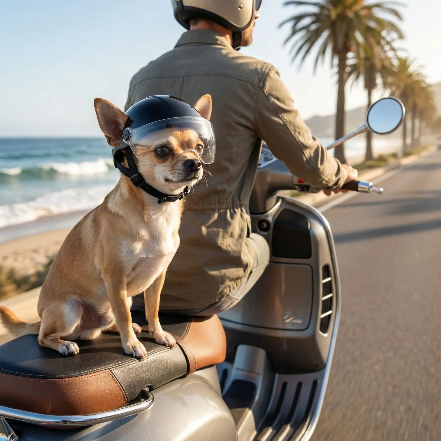 Chien Chihuahua avec casque moto chien sur un scooter gris, de profil, vue sur la plage.
