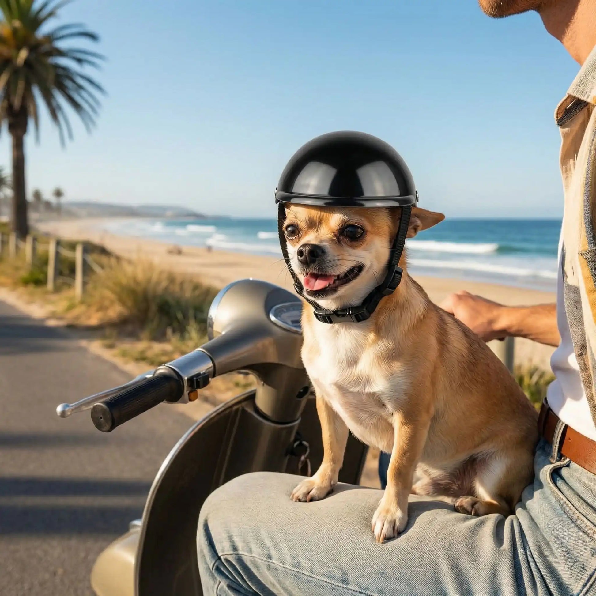 Un Chihuahua portant un casque moto chien noir assis sur les genoux d'une personne en scooter.