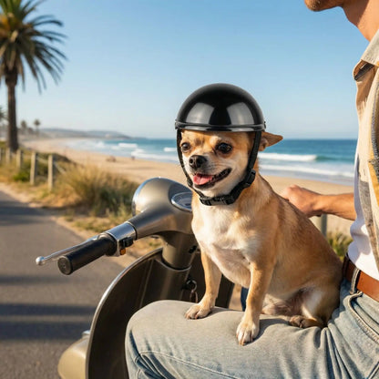 Un Chihuahua portant un casque moto chien noir assis sur les genoux d'une personne en scooter.