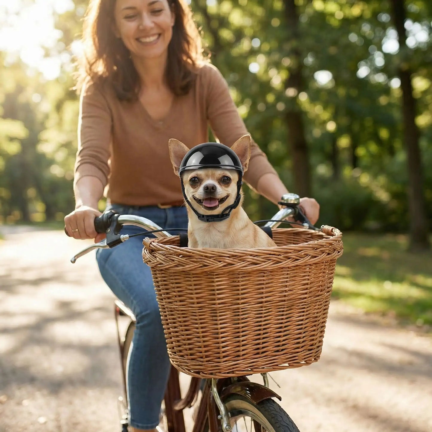 Un Chihuahua portant un casque moto chien noir assis dans le panier d'un vélo avec une femme.