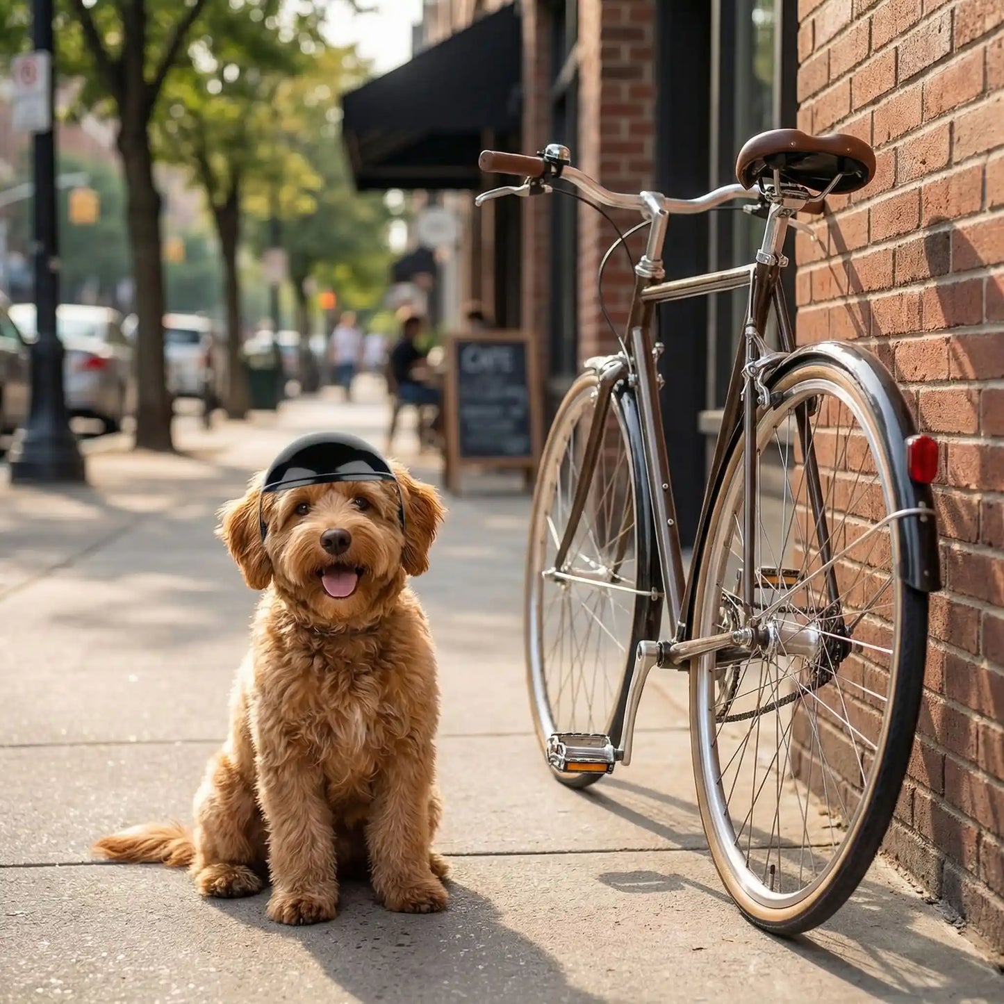 Chien Goldendoodle portant un petit casque moto noir, assis sur le trottoir à côté d'un vélo.
