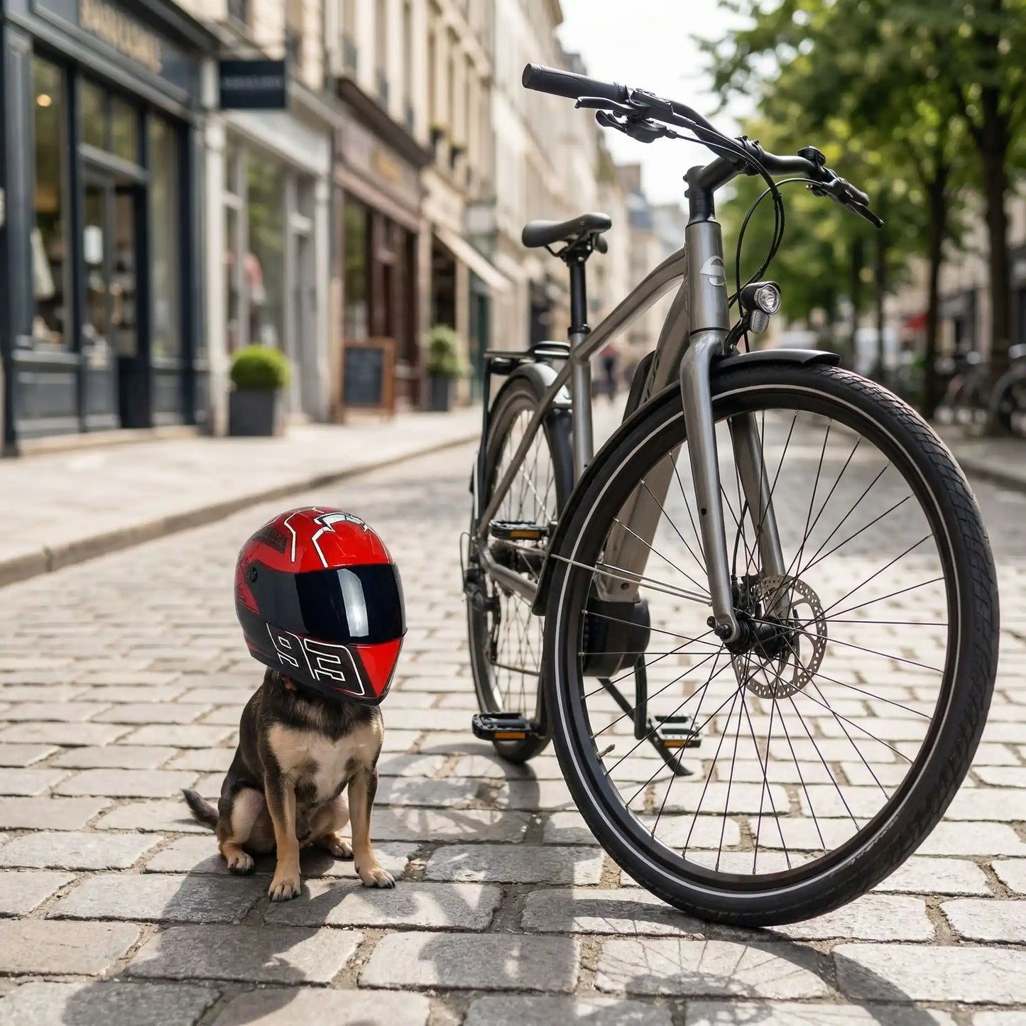Casque moto chien un petit chien assis a côté du vélo 
