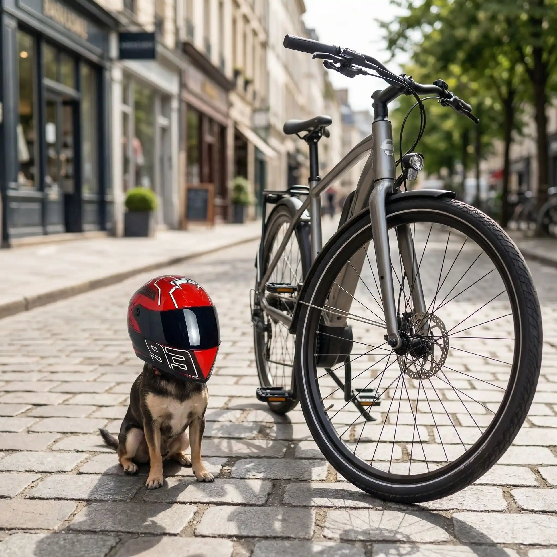 Casque moto chien un petit chien assis a côté du vélo 