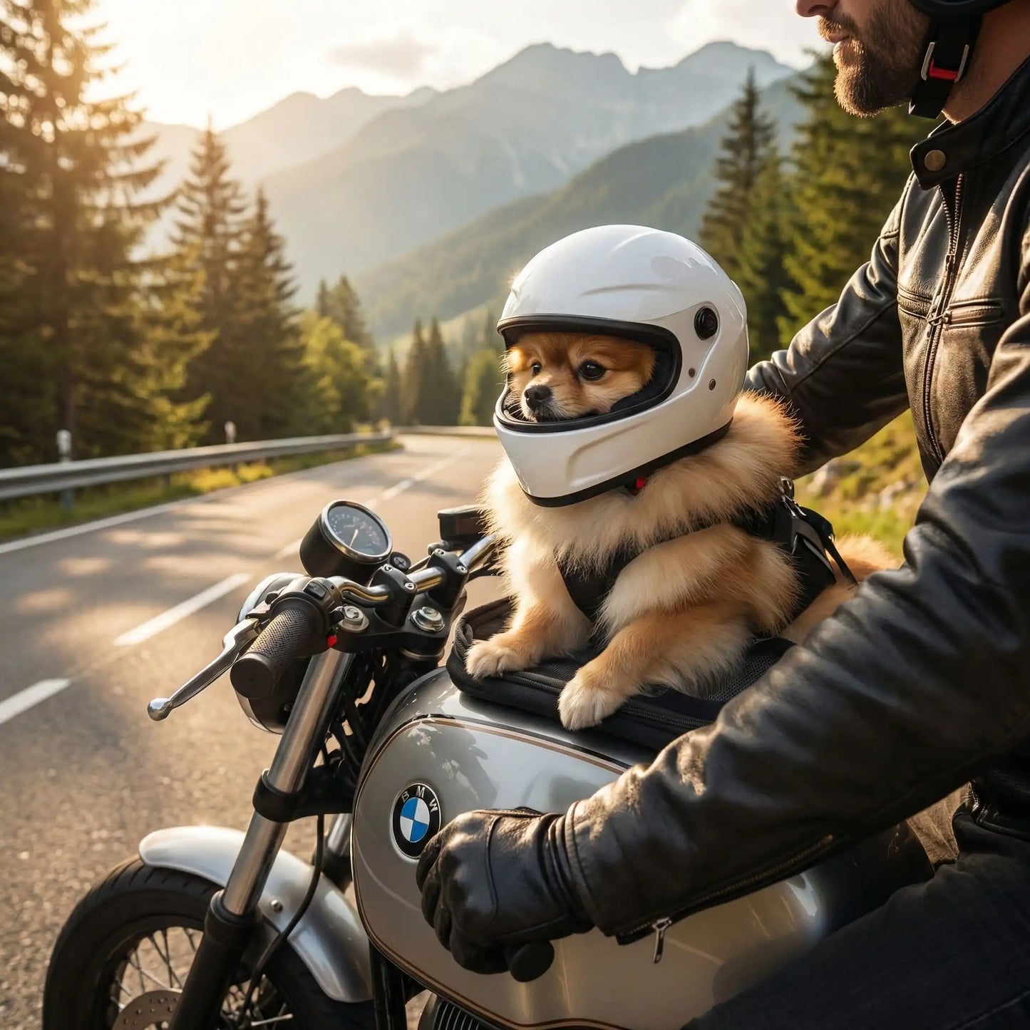 Chien assis devant la moto porte une casque moto chien