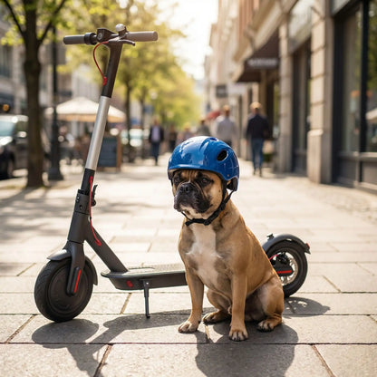 Bouledogue Français avec casque moto pour chien bleu, assis à côté d'une trottinette.