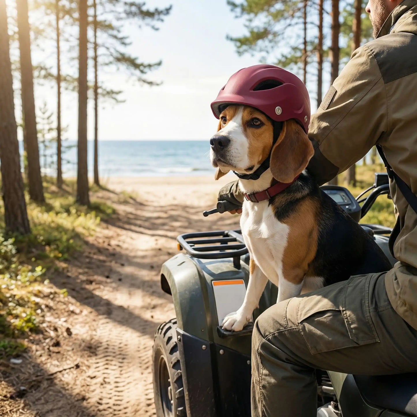 Beagle portant un casque moto pour chien bordeaux, assis sur un quad en forêt.