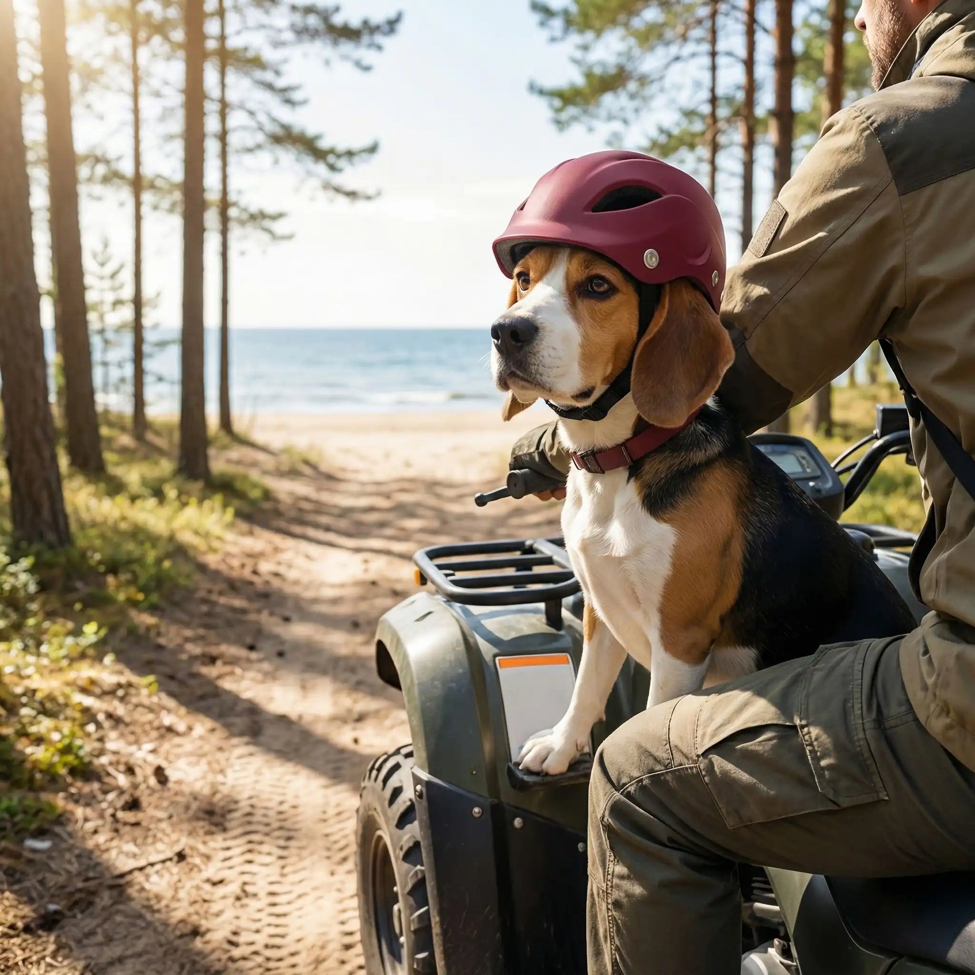 Beagle portant un casque moto pour chien bordeaux, assis sur un quad en forêt.