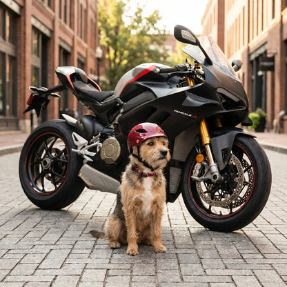 Petit chien (type terrier) assis avec casque moto pour chien bordeaux, devant une moto.