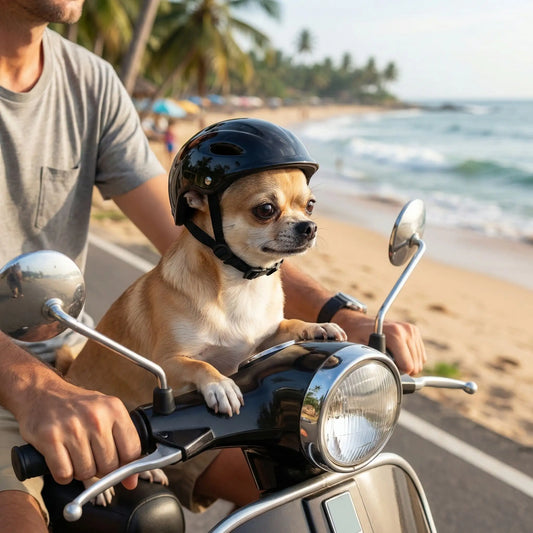 Chihuahua avec casque moto pour chien noir, assis devant le pilote sur un scooter.