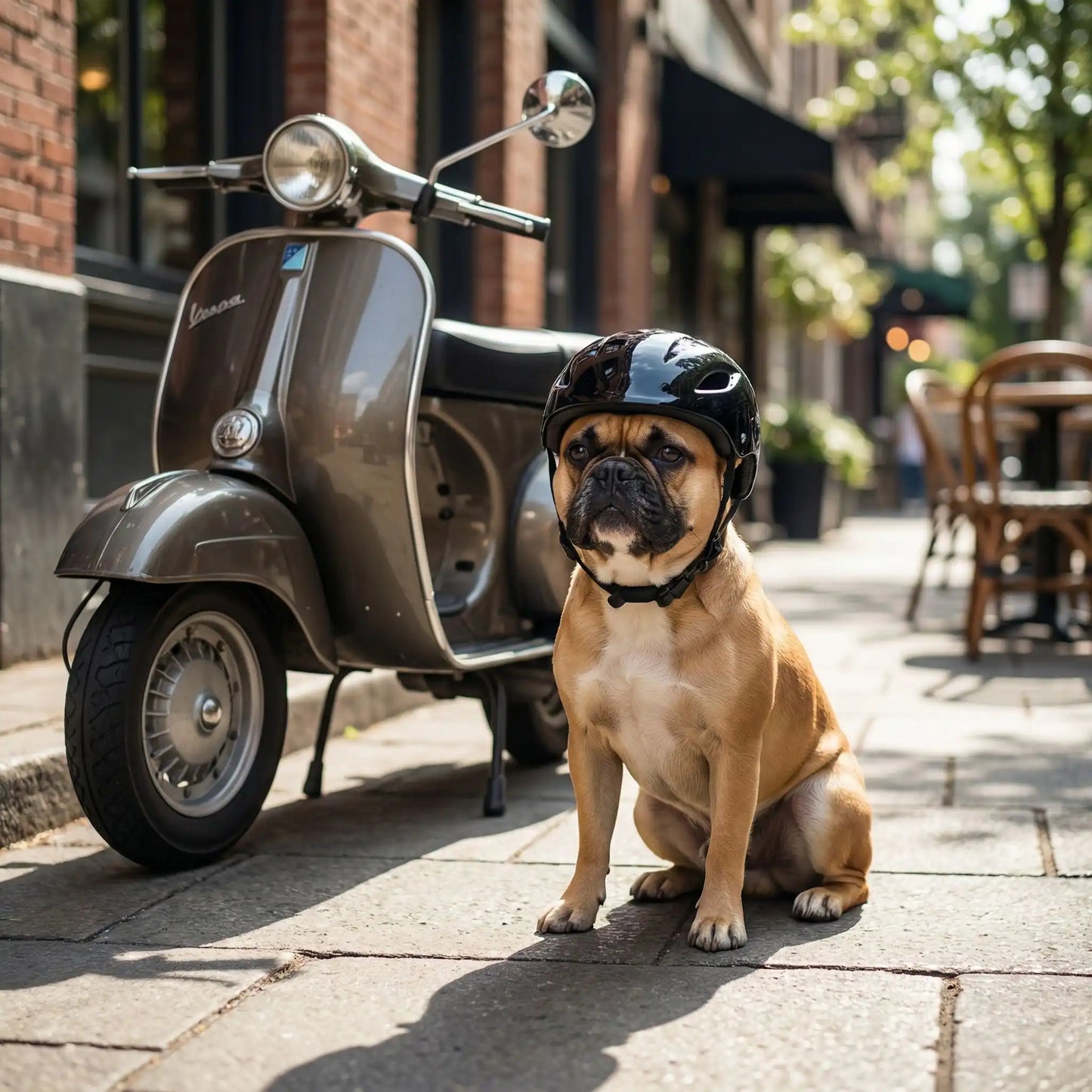 Bouledogue Français assis avec son casque moto pour chien noir, à côté d'un scooter.