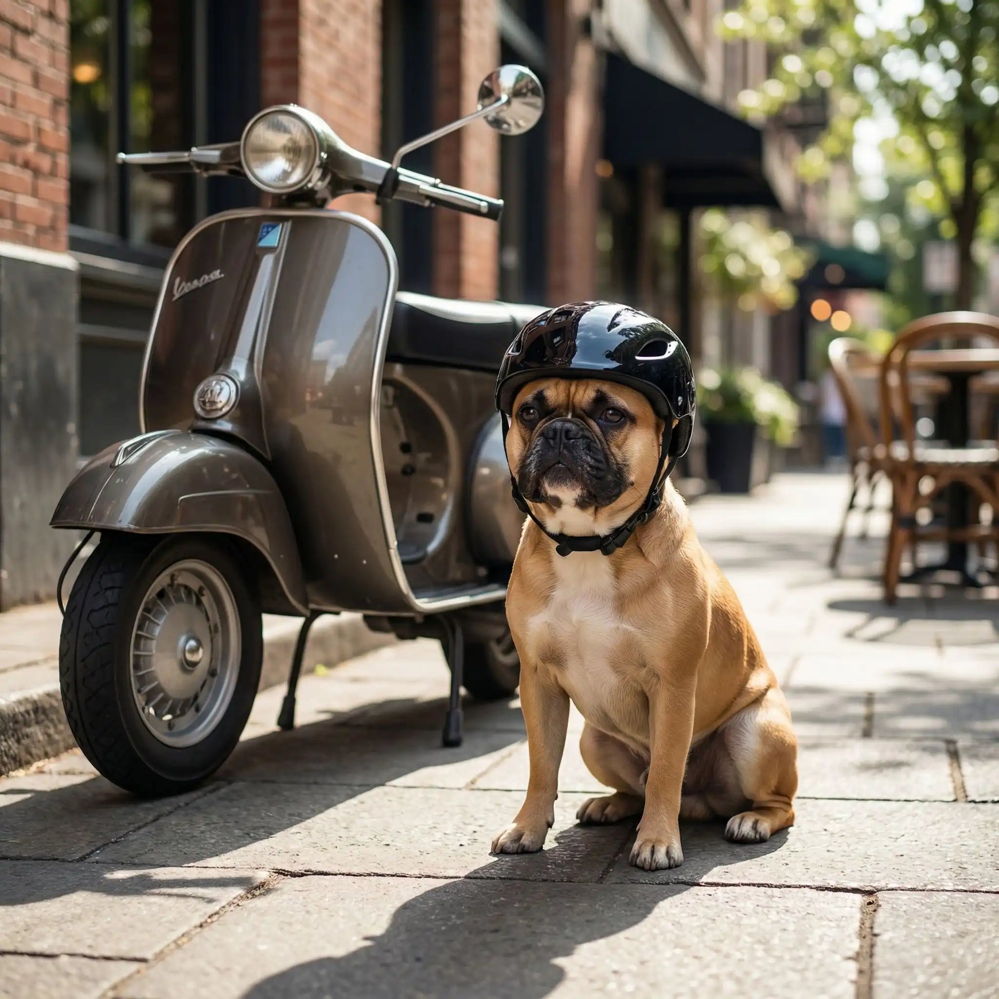 Bouledogue Français assis avec son casque moto pour chien noir, à côté d'un scooter.