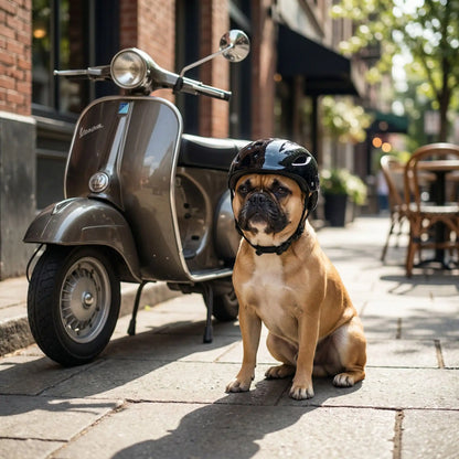 Bouledogue Français assis avec son casque moto pour chien noir, à côté d'un scooter.