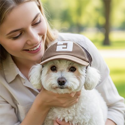 Femme souriante tenant un petit chien blanc type Bichon avec une casquette marron logo G.