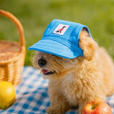 Petit chiot à un pique-nique portant une casquette chien bleue avec logo.