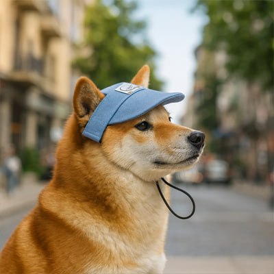 Profil d'un chien Shiba Inu en ville portant une casquette chien bleue de type visière.