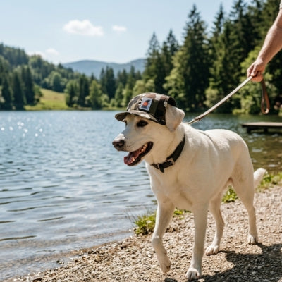 Labrador blanc portant une casquette chien camouflage au bord d'un lac.