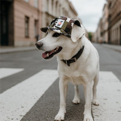 Labrador blanc traversant une rue avec une casquette chien au motif camouflage.
