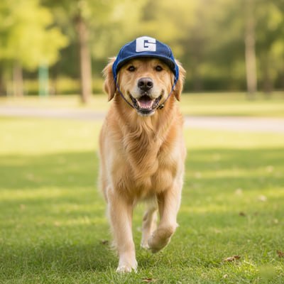 Golden Retriever courant dans un parc avec une casquette bleue marquée d'un G blanc.