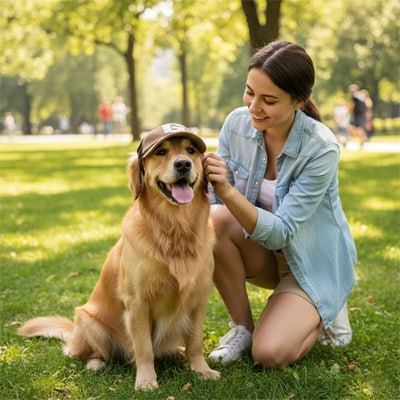 Jeune femme ajustant une casquette marron logo G sur la tête d'un Golden Retriever.