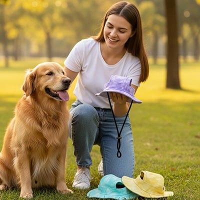 Femme montrant différents modèles de casquette chien colorées à un Golden Retriever assis.