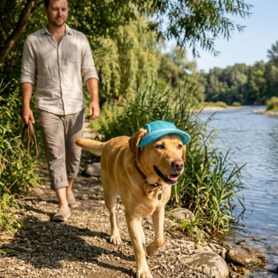 Labrador portant une casquette chien bleue en balade au bord d'une rivière avec son maître.