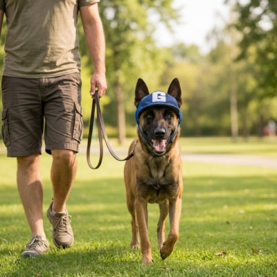 Chien Malinois portant une casquette bleue logo G marchant sur une pelouse.