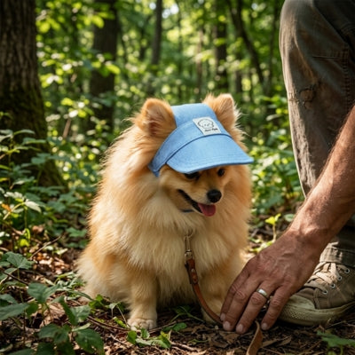 Loulou de Poméranie en forêt portant une casquette chien bleue avec logo blanc.