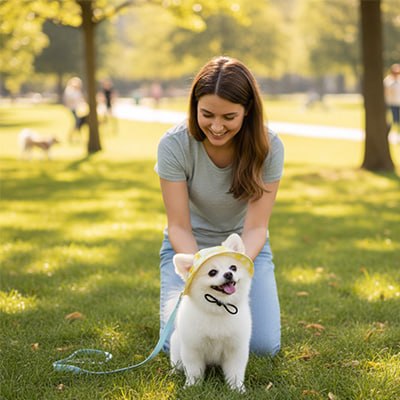 Femme agenouillée dans l'herbe avec un Spitz blanc portant une casquette chien jaune à fleurs.