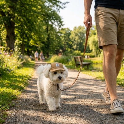 Petit Bichon frisé au parc avec une casquette beige marquée de la lettre R.