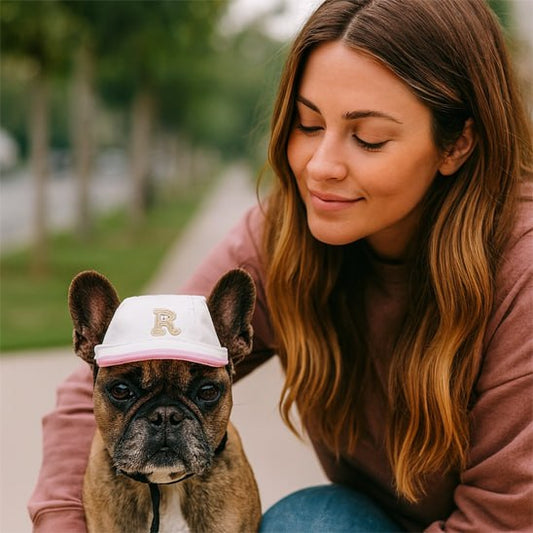 Bouledogue français avec une casquette blanche à liseré rose et lettre R dorée.