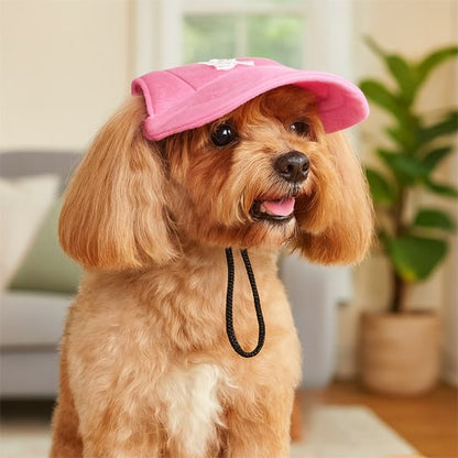 Cavapoo à l'intérieur portant une casquette rose vif avec un motif blanc sur le dessus.