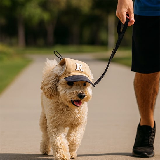 Cockapoo en laisse avec une casquette beige, visière noire et lettre R blanche.