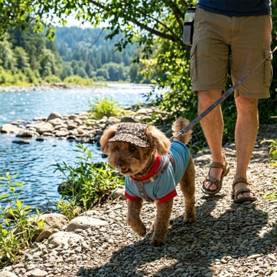 Caniche en t-shirt bleu et casquette motif léopard marchant au bord d'une rivière.