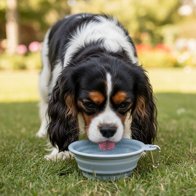Cavalier King Charles buvant de l'eau dans une gamelle pour chien pliable grise.