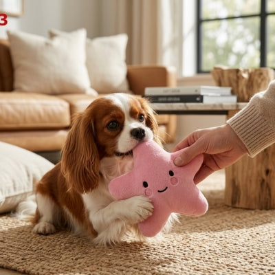 Cavalier King Charles mordillant une peluche pour chien rose sur un tapis de salon.