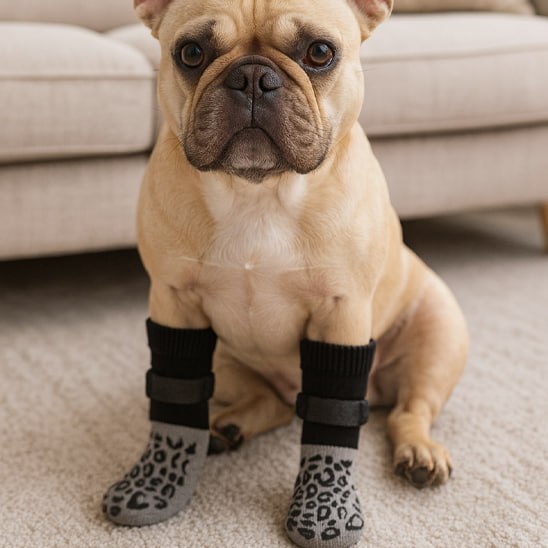 Bouledogue Français adulte assis sur un tapis, portant une chaussette pour chien grise et noire.