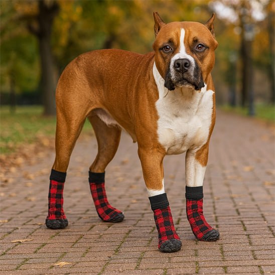 Pitbull marron et blanc avec des chaussettes pour chien à carreaux rouges.