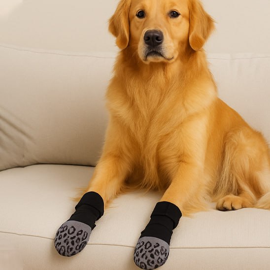 Golden Retriever allongé sur un canapé, portant une chaussette pour chien à motif animalier.