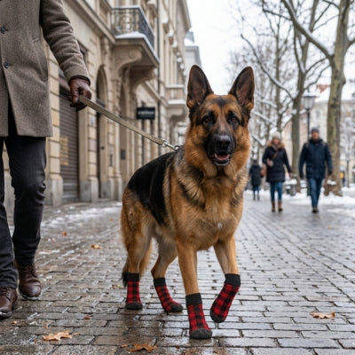 Berger allemand marchant en ville sur pavés avec des chaussettes pour chien rouges.