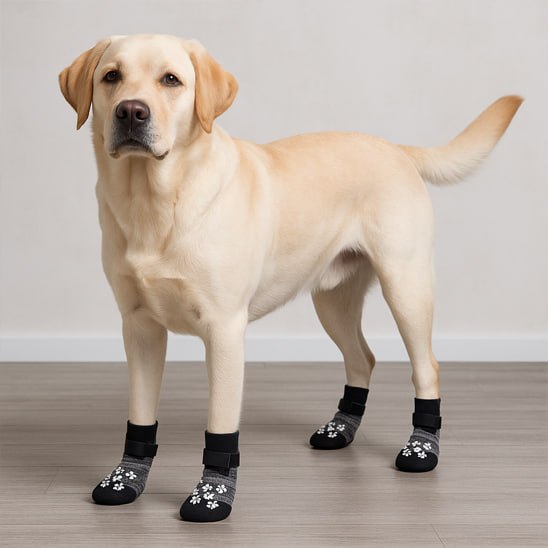 Labrador jaune debout sur un sol en bois clair, équipé de quatre chaussettes pour chien.