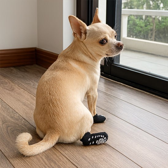 Chihuahua beige assis de dos portant des chaussettes pour chien noires motif squelette.